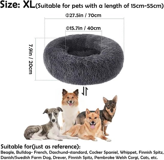 Wollig rond pluche donut hondenbed - Behaaglijk hondenkussen XL/70 cm - Wasbaar kussenmat voor honden en katten fluffy dog ​​bed