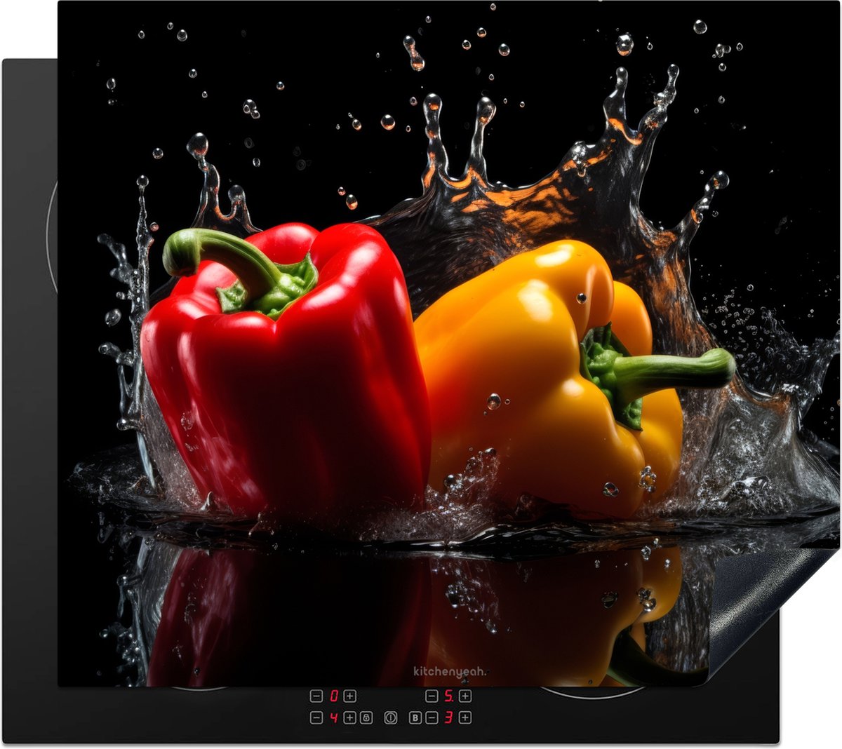 KitchenYeah® Inductie beschermer 59x52 cm - Paprika - Groente - Watersplash - Afdekplaat voor kookplaat - Inductieplaat mat - Beschermingsmat - Beschermplaat - Keuken bescherm decoratie - Afdek kookplaten