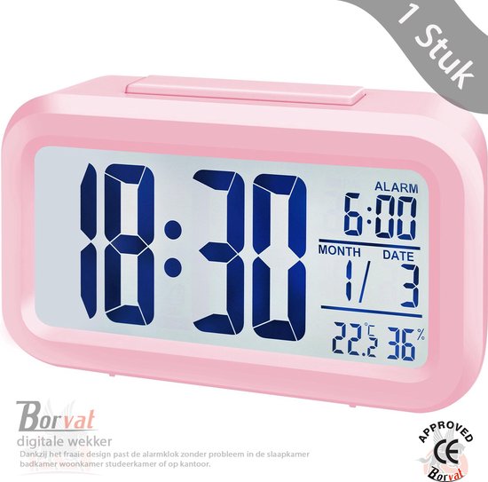 Borvat® - digitale wekker - Alarmklok - Inclusief temperatuurmeter - Met snooze en verlichtingsfunctie - Roze