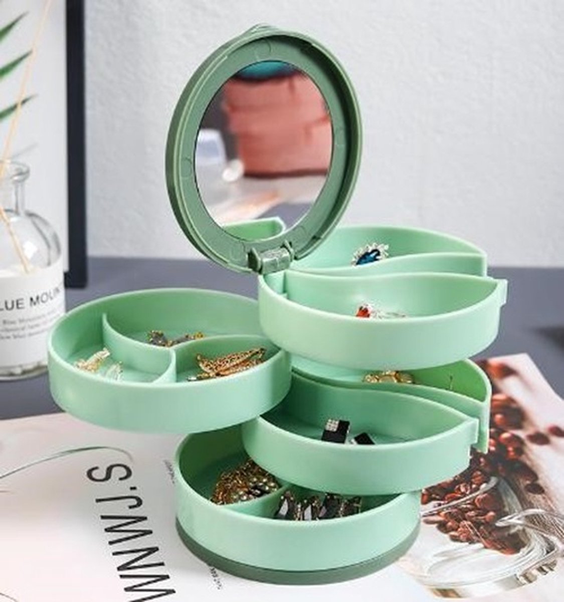 Draaibare Sieraden Organizer Box met Spiegel – Draagbare Opbergdoos Met Meerdere Lagen voor Ringen, Oorbellen, Kettingen – Groen