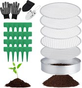 Tuinzeef 5-in-1 roestvrij staal 20 cm met 5 verwisselbare zeefinzetstukken compostzeef rond metaal - tuinschep en 20 plantenetiketten
