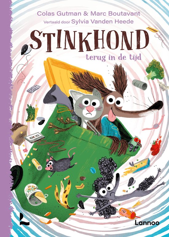 Boekomslag van 'Stinkhond terug in de tijd' met tekeningen van dieren en objecten. Tekst: Stinkhond terug in de tijd.