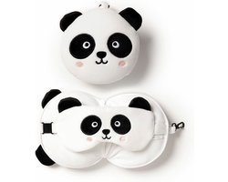 foto van Relaxeazzz Panda knuffel/reiskussen/slaapmasker - 2-in-1 set - voor kinderen- in vliegtuig of auto