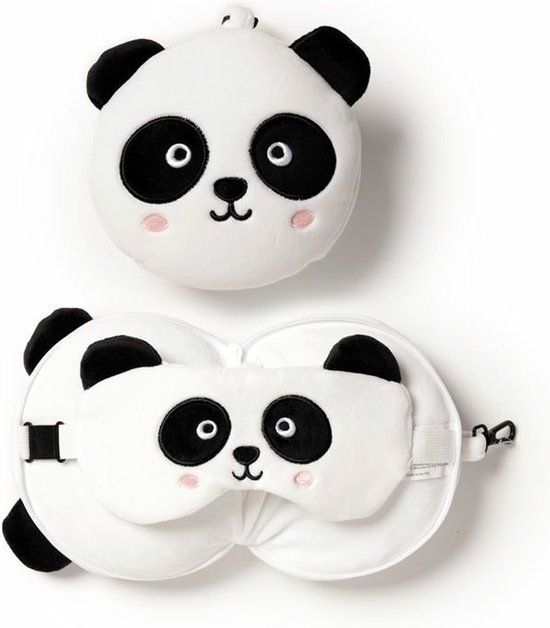 Relaxeazzz Panda knuffel/reiskussen/slaapmasker - 2-in-1 set - voor kinderen- in vliegtuig of auto