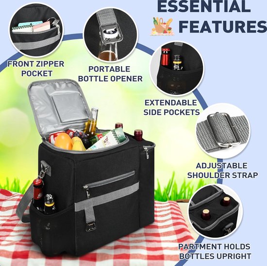 Koeltas, thermotas, bierbox, 20 liter, voor heren, koelbox, thermobox, lunchtas, thermotas, groot, koeltas, lunchtas voor outdoor, picknick, camping, strand, auto, fiets, zwart van KOEL — afbeelding 2