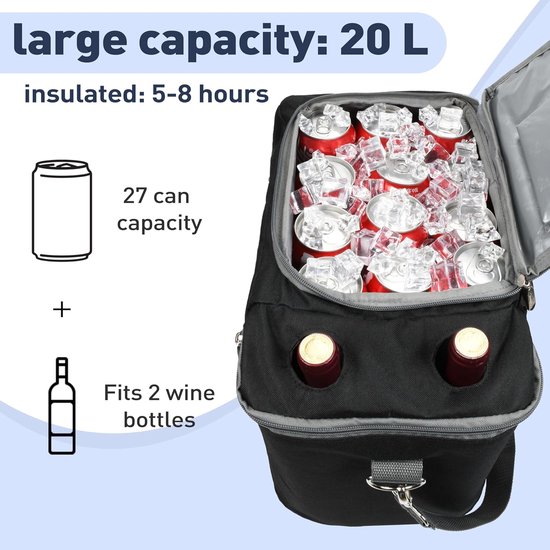 Koeltas, thermotas, bierbox, 20 liter, voor heren, koelbox, thermobox, lunchtas, thermotas, groot, koeltas, lunchtas voor outdoor, picknick, camping, strand, auto, fiets, zwart van KOEL — afbeelding 3