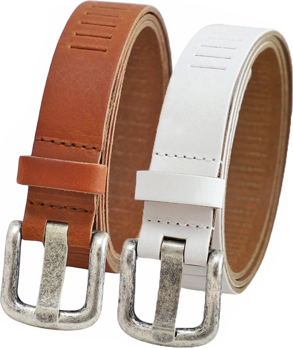 Landley Duopack met Leren Geperforeerde Riemen Smal - Voordeelset met 2 riemen - Breedte 3 cm - Dames en Heren - Cognac en Wit - Lengte totaal 110 cm / Riemmaat 95