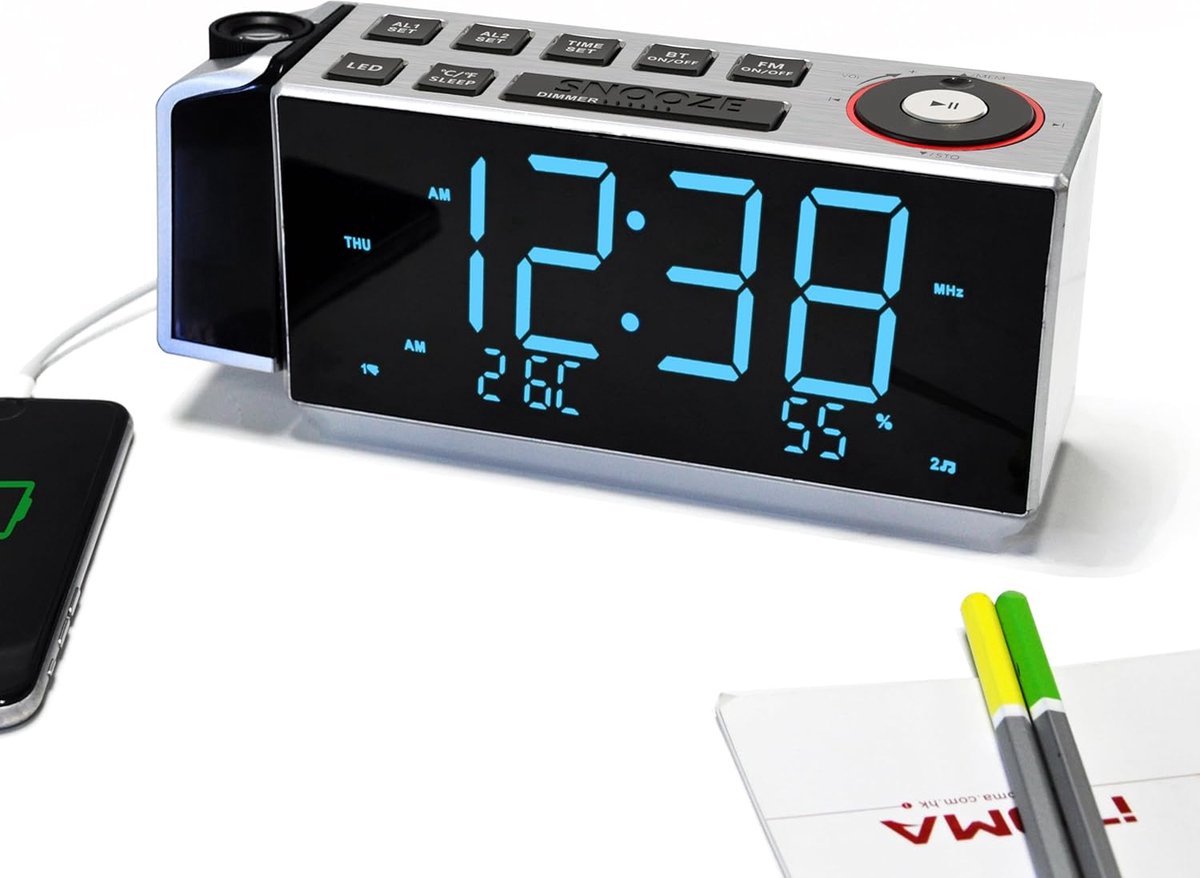 Projectie Wekker met FM Radio - LED Display - Projectieklok - Dubbel Alarm - Temperatuurweergave - Snooze Functie - Wekkerradio met Projectie - Digitale Wekker - Wekker met Projectie - Slaapkamer Klok