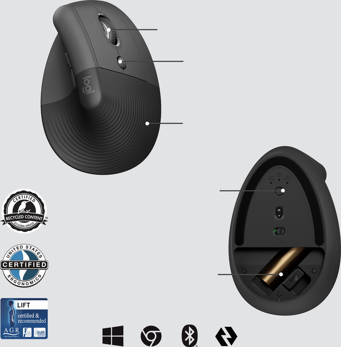 Logitech Lift Vertical Ergonomische Muis - Voor Business - Draadloos & Bluetooth - Logi Bolt - Silent Click - 4000 DPI - Grafiet (Zwart) thumbnail 3