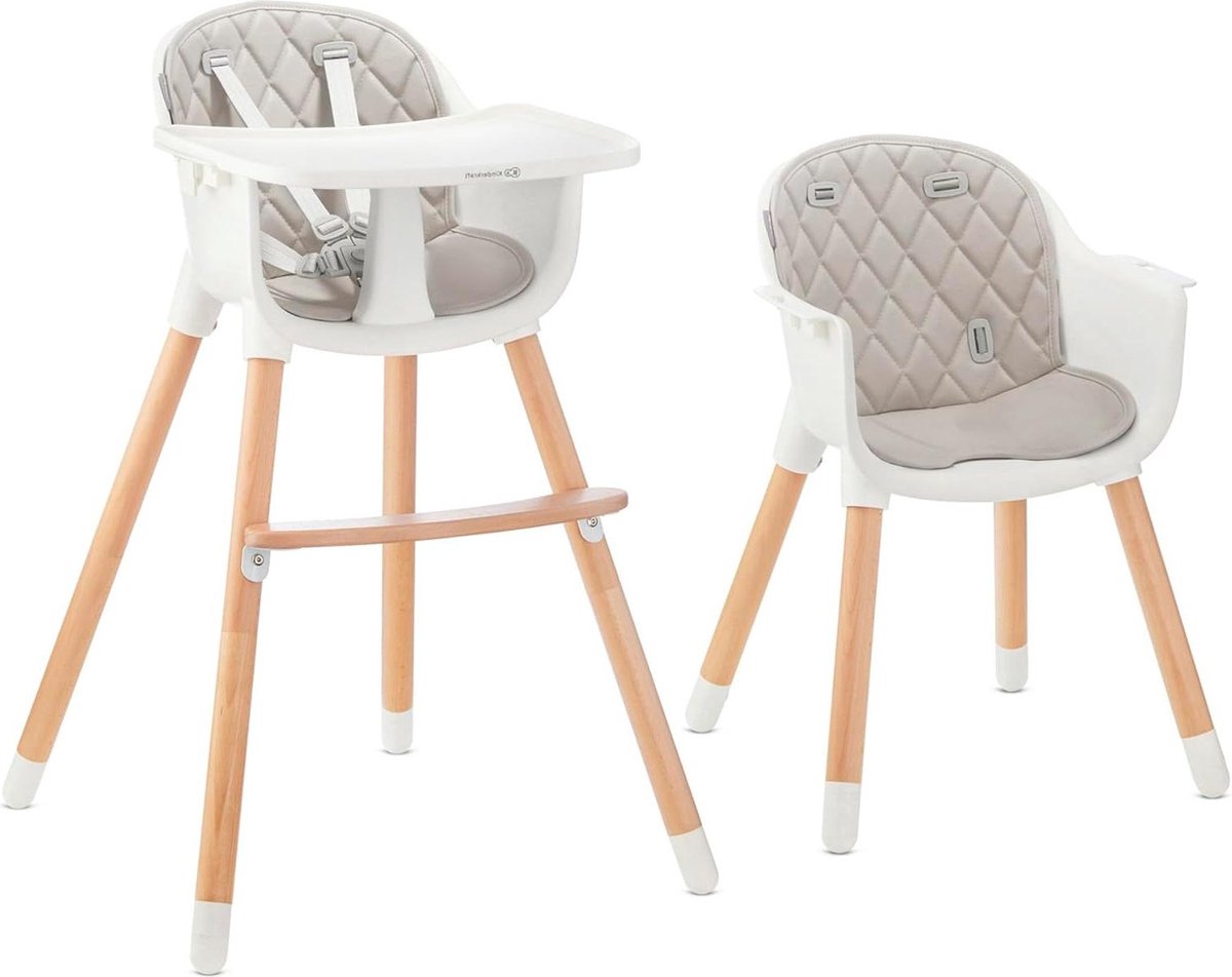 Image of 2-in-1 hoge kinderstoel SIENNA - meegroeistoel - combistoel - houten poten - 5-puntsveiligheidsgordel - grijs