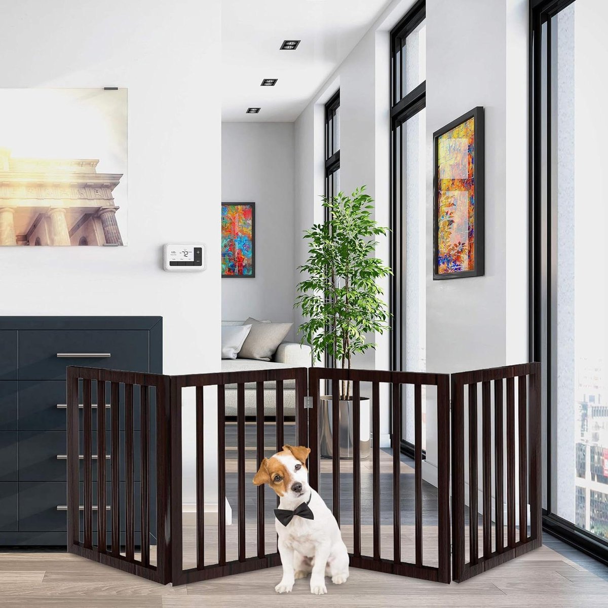 Freestanding Pet Gate 4 Panelen Donker Bruin Opvouwbare Fence voor Deurwagens - Huisdierenhekje met Strepen