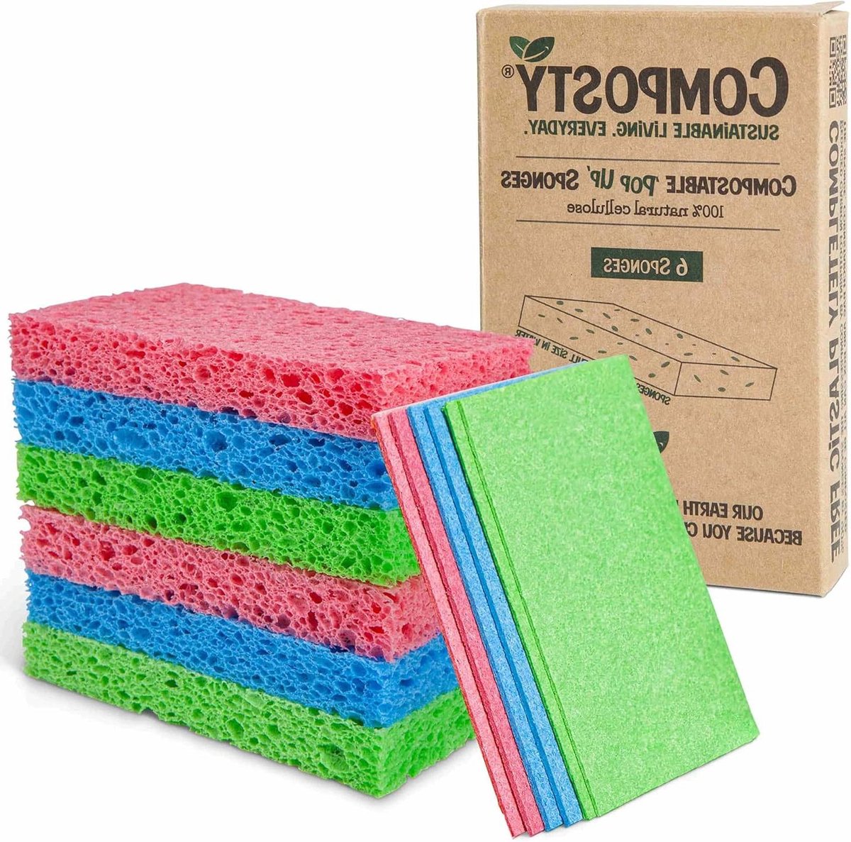 Goedkoopste 'Pop-Up' Eco Sponzen - Composteerbaar - 6 Pack - Plasticvrij - 100 natuurlijke cellulose - Lange levensduur - Duurzaam schoonmaken Sponzen schoonmaak