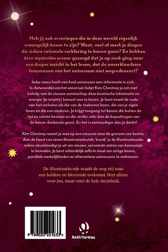 Achterkant van een boek met tekst over het universum, geschreven door Kim Chestney. Titel: Antwoorden van het universum.
