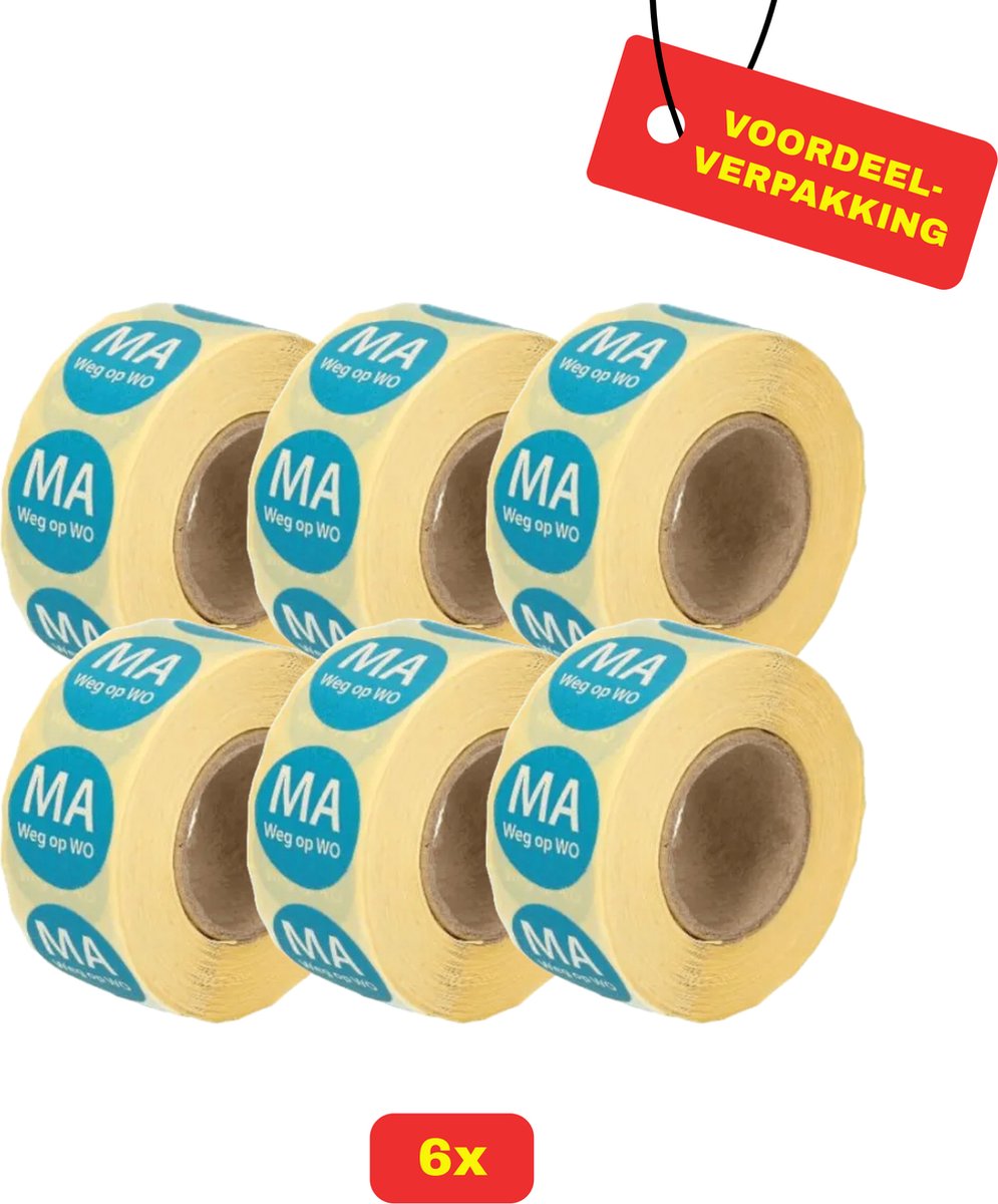 6X Daymark Afwasbare Etiketten Rol "Maandag weg op woensdag" - Voordeelverpakking!