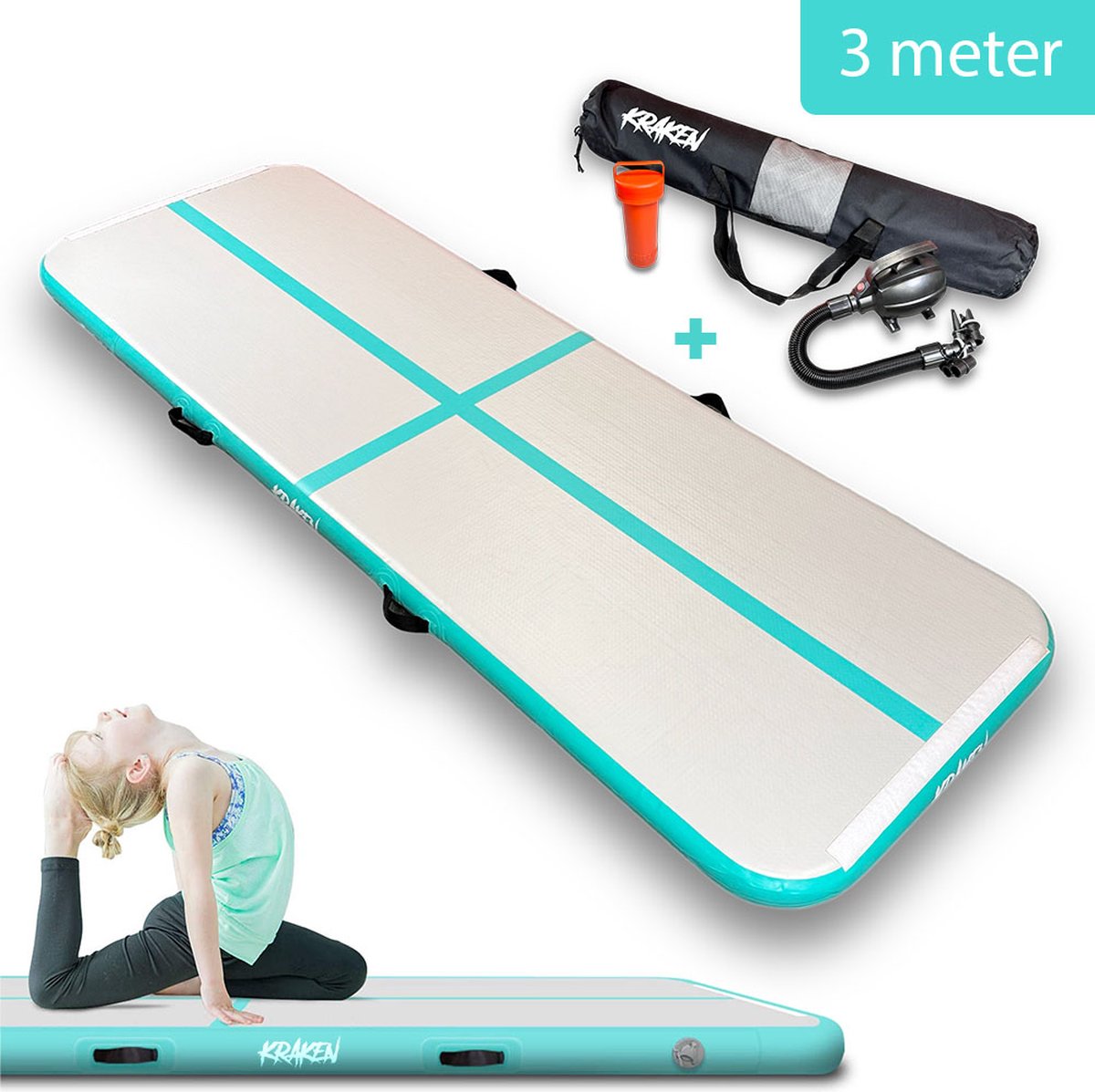 KRAKEN AirTrack Pro 300 Gymnastiek Turnmat | incl. Elektrische Pomp | Opblaasbaar & Waterproof | 3 Meter | Gymnastiek | Fitness mat | Sporten & Spelen | Air track voor Binnen en Buiten | ideaal voor leren van salto, backflip, en andere gym oefeningen