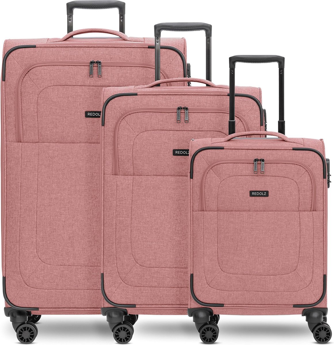 Redolz Essentials 12 THREE SET 4 wielen Kofferset 3-delig met uitbreidingsplooi - Zachte bagage - TSA slot - rose