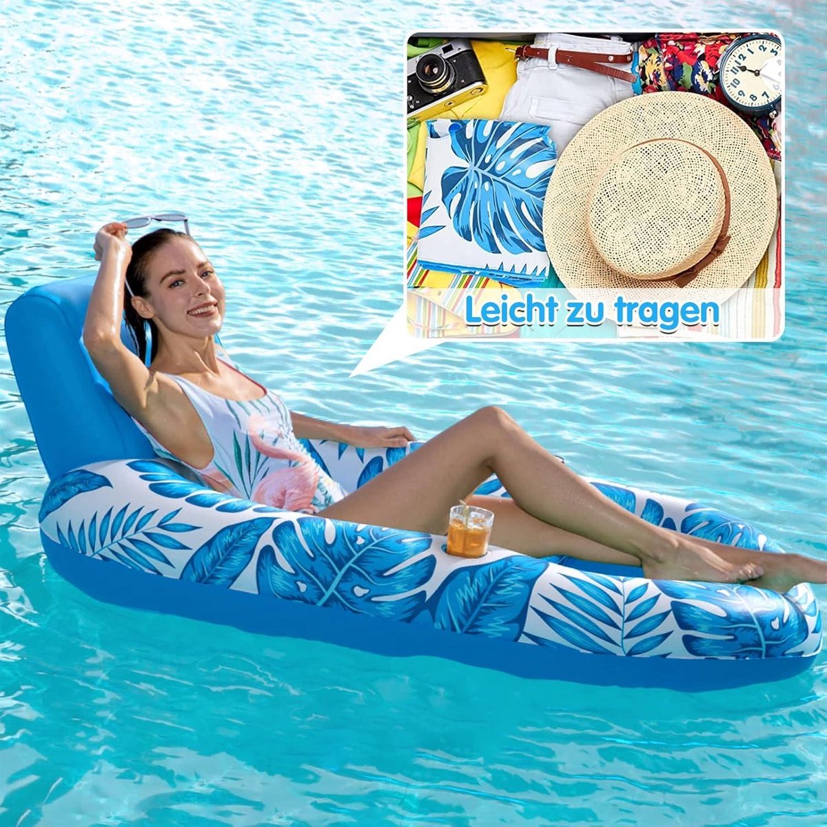 Waterhangmat voor zwembad volwassenen groot zwembad - Luchtmatras met bekerhouder 228 x 173 cm - Opblaasbaar zwembadbed waterspeelgoed - Zwembadaccessoires - Volwassenen - . Waterhangmat