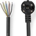 Zwarte kabel met ontblote draden in verschillende kleuren en een zwarte stekker.