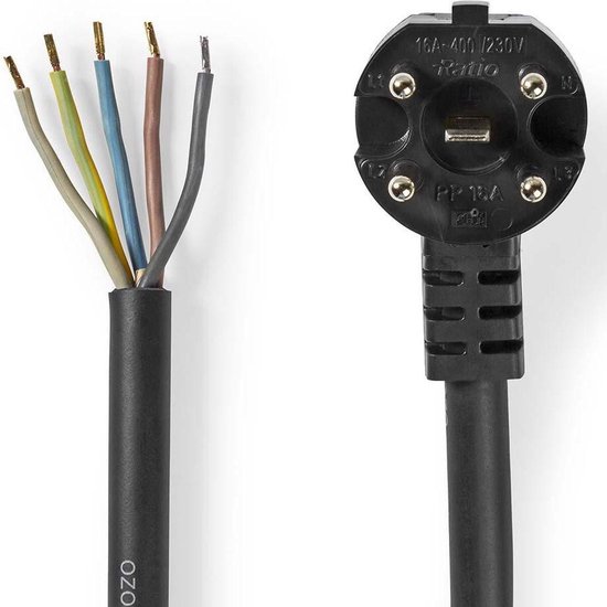 Zwarte kabel met ontblote draden in verschillende kleuren en een zwarte stekker.