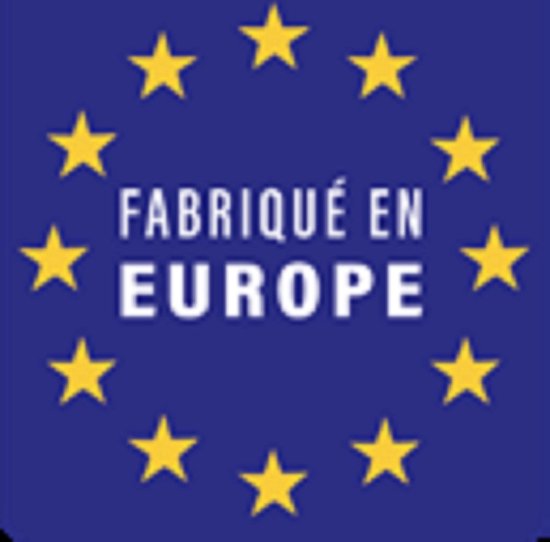 Blauw logo met gele sterren en tekst 'Fabriqué en Europe'.