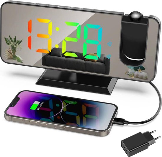 Probuk Projectiewekker voor slaapkamer, digitale wekker met 180 graden projectie, projectieklok met temperatuur en led-scherm
