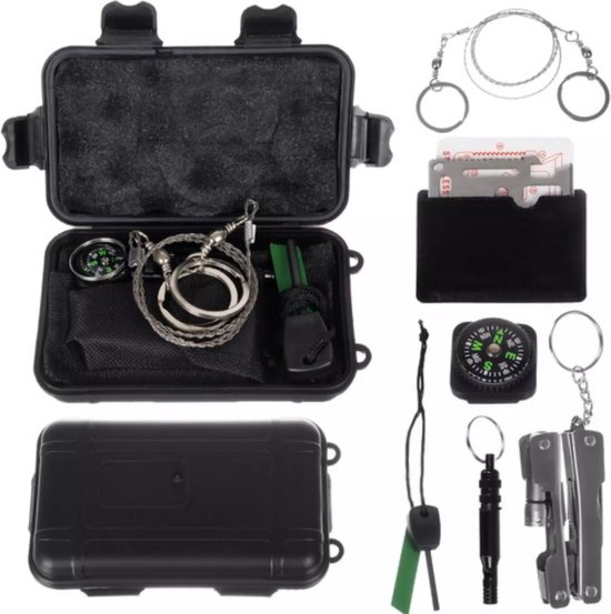 Foto: Survival set zwart 7 in 1 waterproof outdoor survival kit multitool