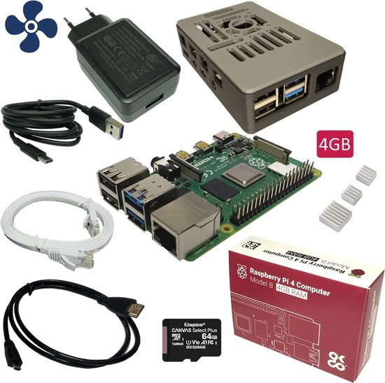 Raspberry Pi 4B - starter kit - 4GB - met ventilator - 64GB SD-kaart