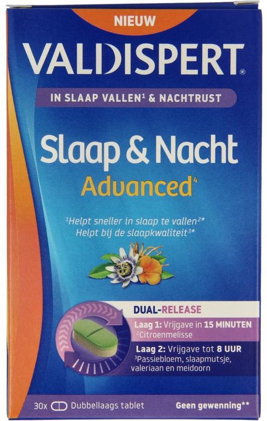 Nieuwe verpakking van Valdispert Slaap & Nacht Advanced met "DUAL-RELEASE" en afbeelding van de tablet.