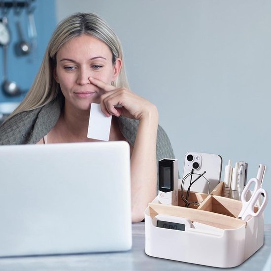 Organisateur de bureau en bois avec 5 compartiments - boîte de rangement pour stylos et cosmétiques
