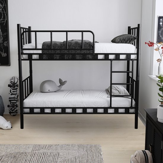 Lit superposé en métal robuste AirSleeperz® Emma - Lit enfant lit mezzanine pour 2 personnes - Couleur : noir - Dimensions 90x200x175 cm