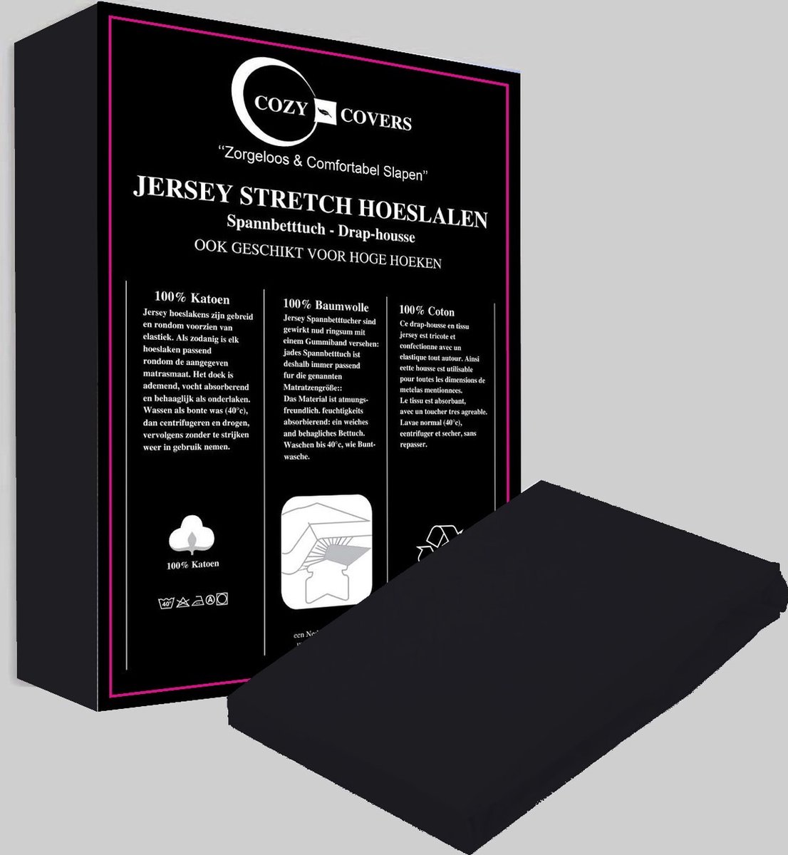 Cozy covers Jersey hoeslaken 100% katoen 160/180x200 cm - rondomelastiek + 30 cm matrasdikte - Zwart