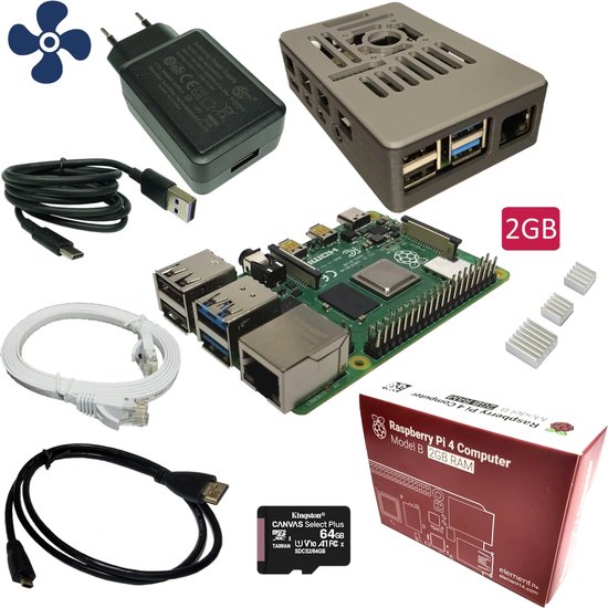 Raspberry Pi 4B - starter kit - 2GB - met ventilator - 64GB SD-kaart