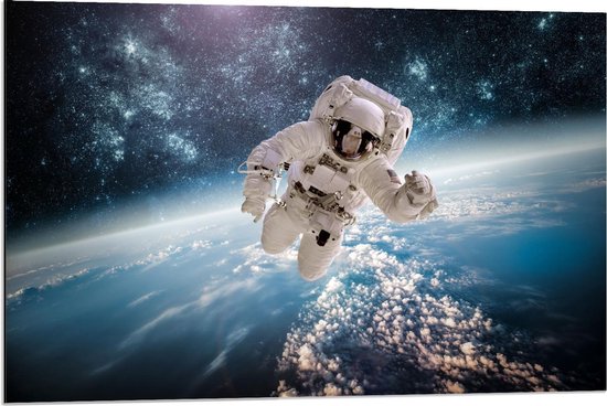 Dibond - Astronaut in de Ruimte - 90x60cm Foto op Aluminium (Wanddecoratie van metaal)