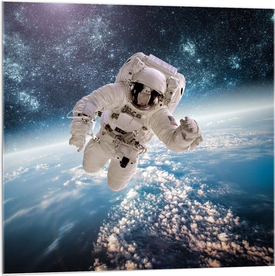 Acrylglas - Astronaut bij Wereldbol  - 40x30cm Foto op Acrylglas (Wanddecoratie op Acrylglas)