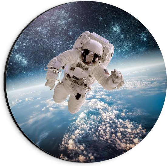 Dibond Wandcirkel - Astronaut in de Ruimte - 20x20cm Foto op Aluminium Wandcirkel (met ophangsysteem)