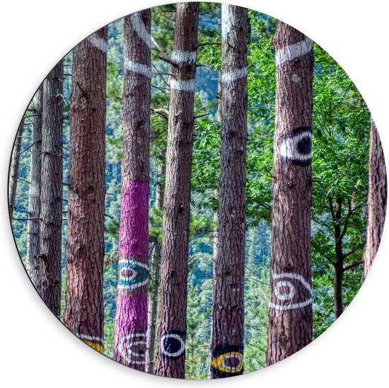 Dibond Wandcirkel - Beschilderde Bomen - 60x60cm Foto op Aluminium Wandcirkel (met ophangsysteem)