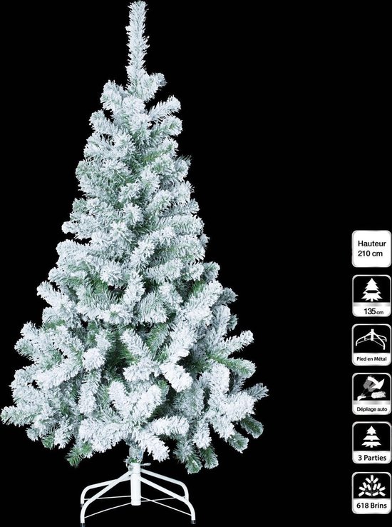 Sapin de Noël artificiel enneigé de 210 cm avec pied en métal et 618 branches.