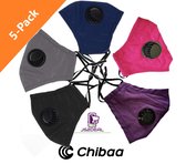 Chibaa - JS2DEAL - 5-Pack Zwart/Grijs/Blauw/Roze/Paars - Mondkapje Wasbaar Herbruikbaar Mondmasker Met Ventiel en 1 vervangbare PM2.5 Filter - Katoenen Mondmasker met ventiel en filter - ijze