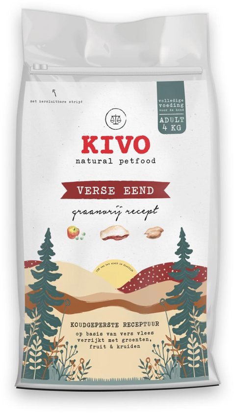 Kivo Petfood - Hondenbrokken Verse Eend 4 kg - Graanvrij, met vers vlees, groenten, fruit, kruiden & superfoods!