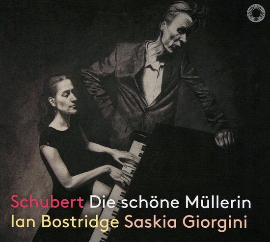 Illustratie van een vrouw aan een piano en een man die over de piano leunt. Tekst: Schubert Die schöne Müllerin Ian Bostridge Saskia Giorgini.
