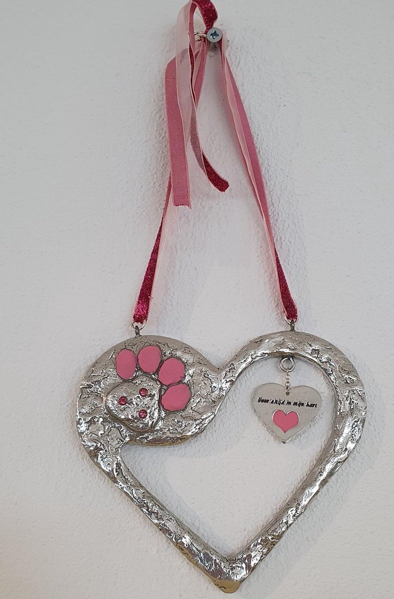 Hart hangend poot roze met Swarovski steentjes+tekstplaatje
