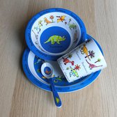 Set vaisselle enfant Dino Dinosaurus mélaminé (assiette + bol + tasse + cuillère) - Tyrrell Katz & set vaisselle plastique bleu - Kalas