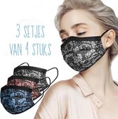 Allernieuwste 12 st SEXY Mondkapje - 3 kleuren Fashion Mode Mondmasker Niet-Medisch - 3x 4 Stuks Rose Blauw Zwart Kant