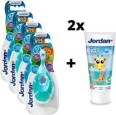 Jordan Step By Step 1  - 4x Tandenborstel (0-2 jaar) Kleur Blauw/Groen met 2x Jordan Tandpasta 0-5 jaar