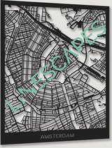 Amsterdam - Houten Kaart Stad 40x30cm - Zwart Hout - Plattegrond - Stadskaart - Prent - Print - City Map - Landkaart - Stad - Wijk