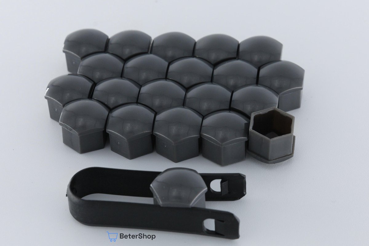 Wielmoerkapjes 17 mm - Grijs / Antraciet Glans - Kunststof - Set van 20 stuks incl. tweezer tool - U