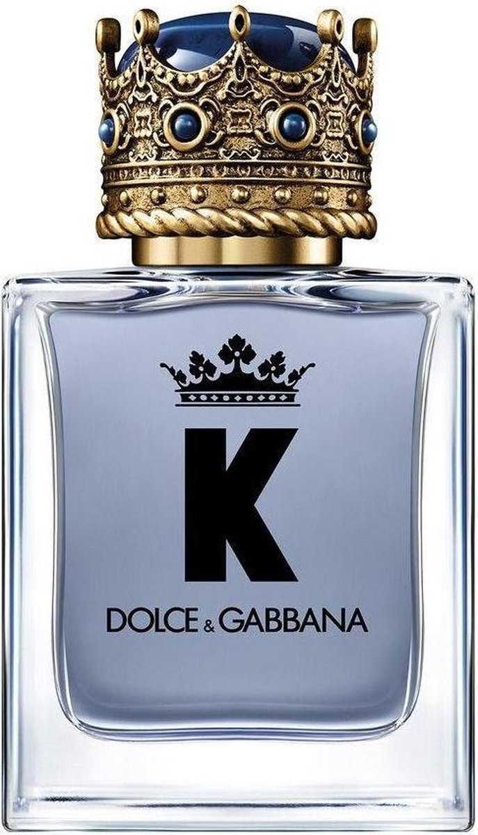 Blauwe Dolce &amp; Gabbana K Eau de Parfum fles met kroonvormige dop en gouden details.