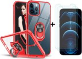 iPhone 12 / 12 Pro Hoesje met Premium ring houder - iPhone 12 kickstand armor backcover Rood + 2X screenprotector