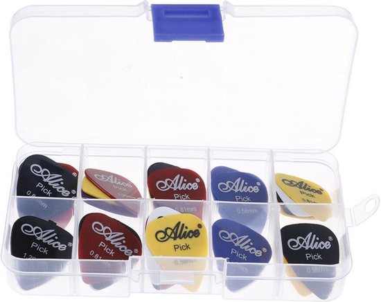 Transparante koffer met 10 Alice plectrums in de kleuren zwart, rood, geel en blauw, met verschillende diktes.