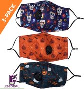 Chibaa Mask - 3-PACK Spooky Mix - Mondkapje Wasbaar Herbruikbaar Mondmasker Met Ventiel en  vervangbare PM2.5 Filter - Katoenen Mondmasker met ventiel en filter - ijzeren neusbeugel - Mouth M